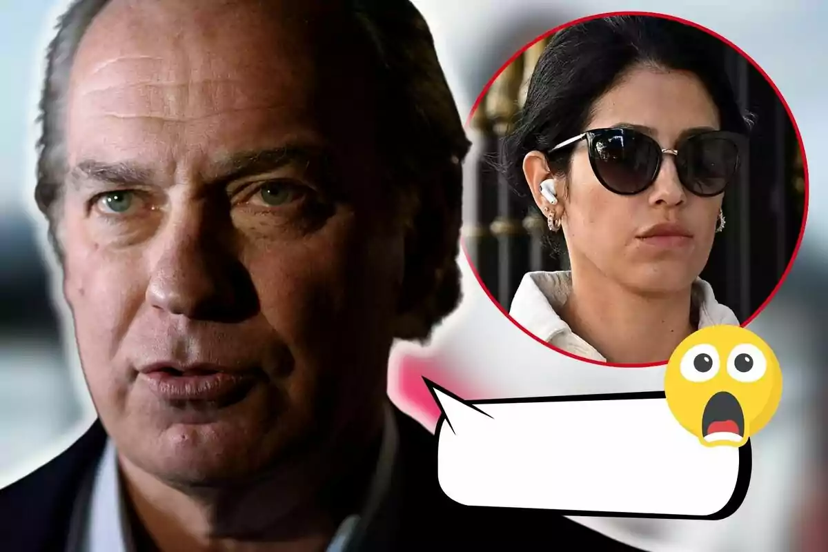 Bertín Osborne de cabello canoso y expresión seria aparece en primer plano mientras Gabriela Guillén con gafas de sol y auriculares está en un círculo rojo en la esquina superior derecha con un emoji sorprendido al lado.