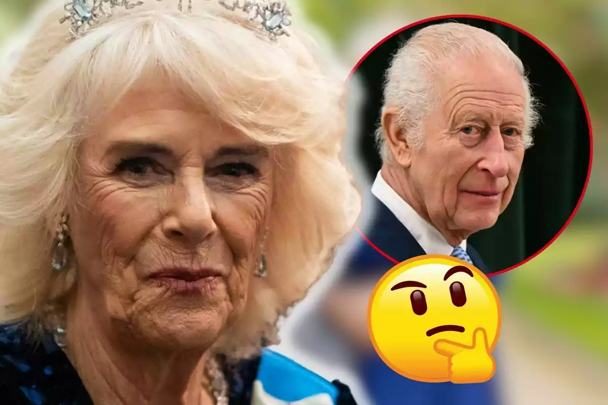 La reina Camila con una tiara y Carlos III en un círculo rojo con un emoji de cara pensativa superpuesto.