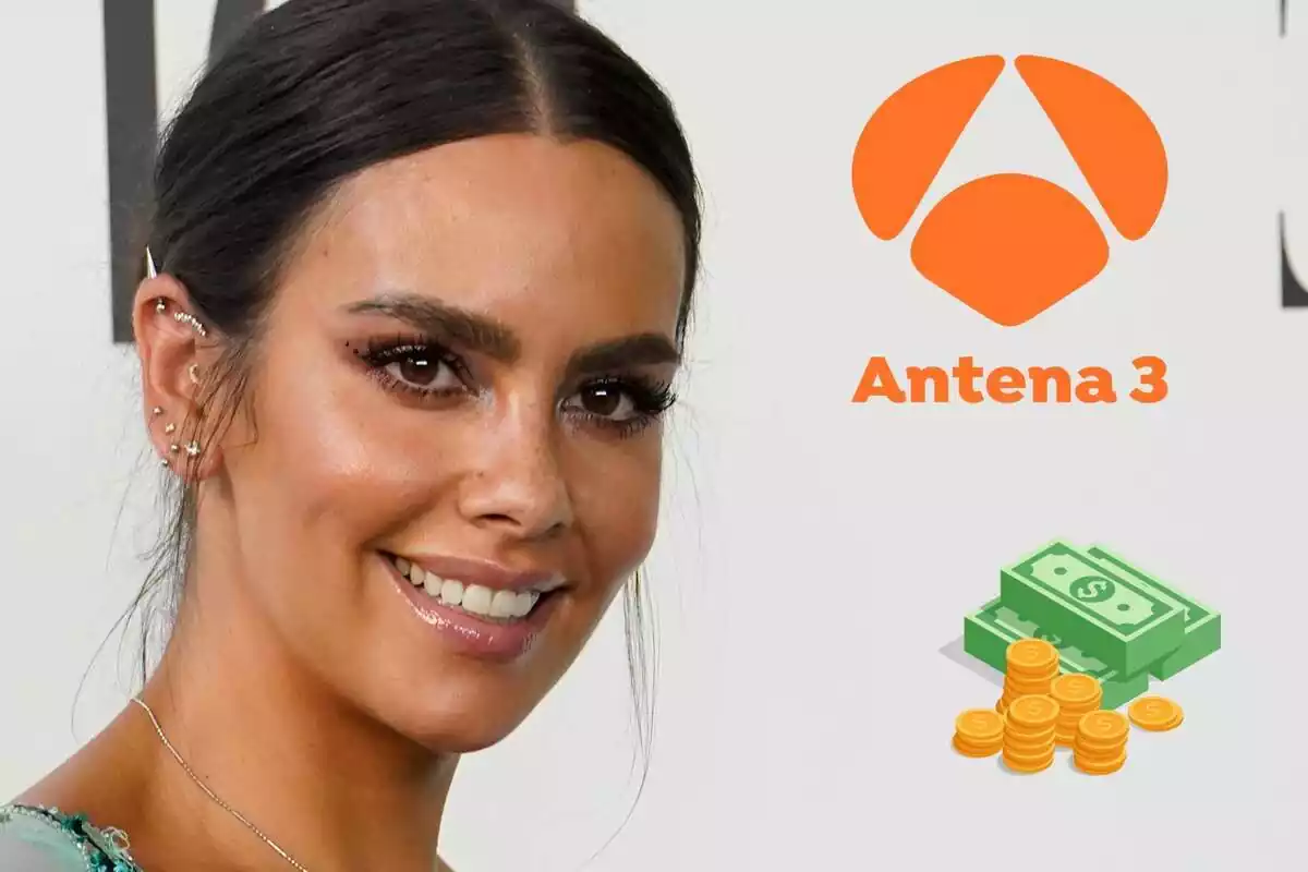 Montaje de un primer plano de Cristina Pedroche sonriendo con el pelo recogido, el logo de Antena 3 y dinero