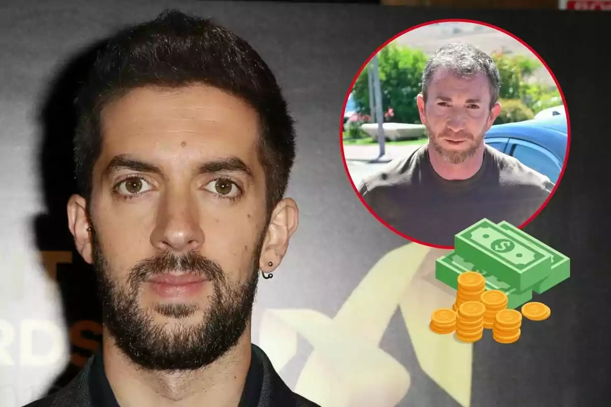 David Broncano con barba y cabello oscuro en primer plano, con una imagen circular de Pablo Motos con barba y cabello canoso en la esquina superior derecha, acompañada de un icono de dinero.