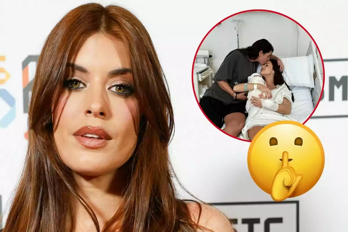 Dulceida con cabello castaño y maquillaje destacado aparece en primer plano, mientras que en un recuadro se muestra a ella y Alba Paul en un hospital, una de ellas sosteniendo a un bebé, junto a un emoji de silencio.