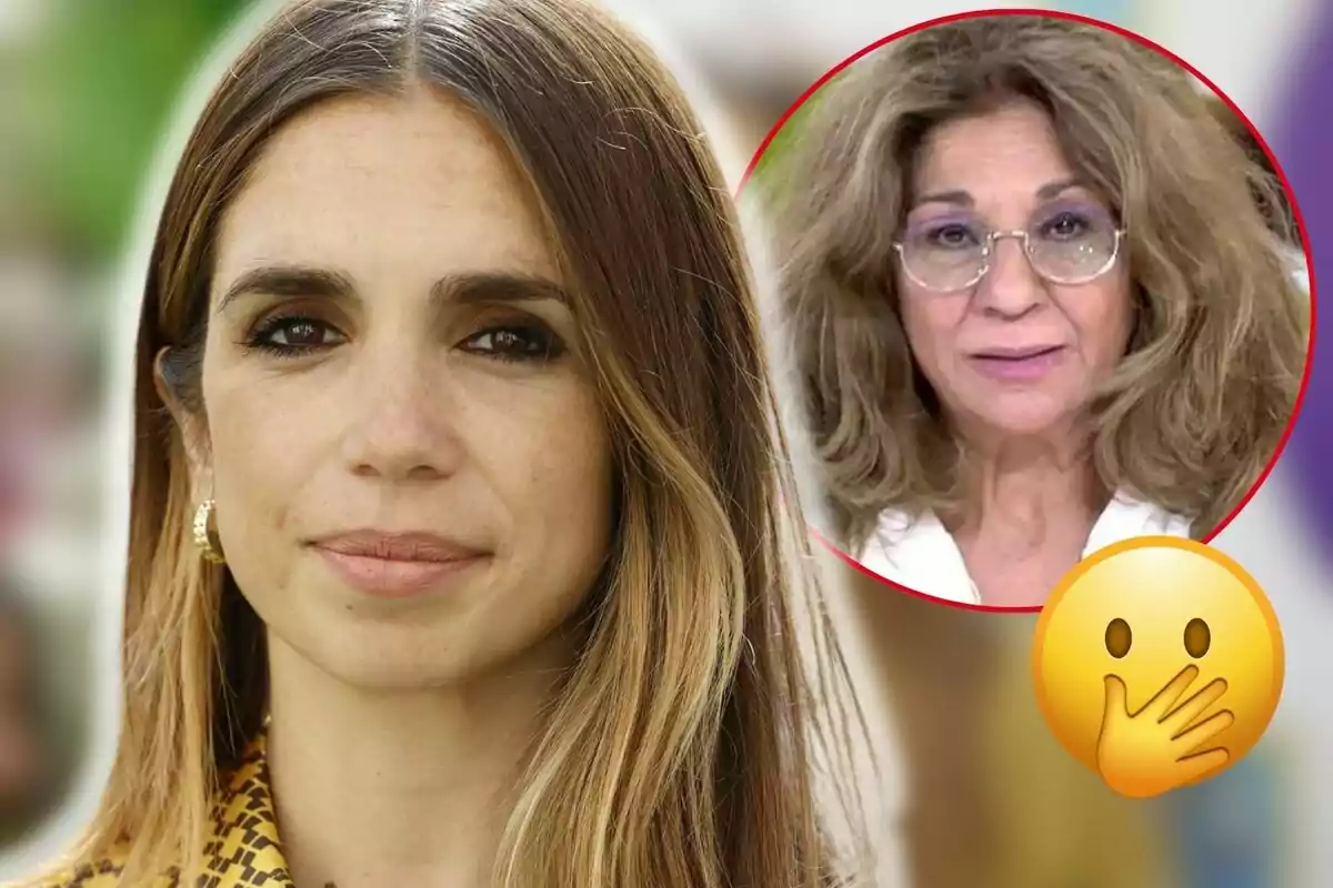 Elena Furiase con cabello largo y lacio mira a la cámara mientras en la esquina superior derecha hay un círculo con la imagen de Lolita Flores con gafas y cabello rizado junto a un emoji de cara sorprendida.