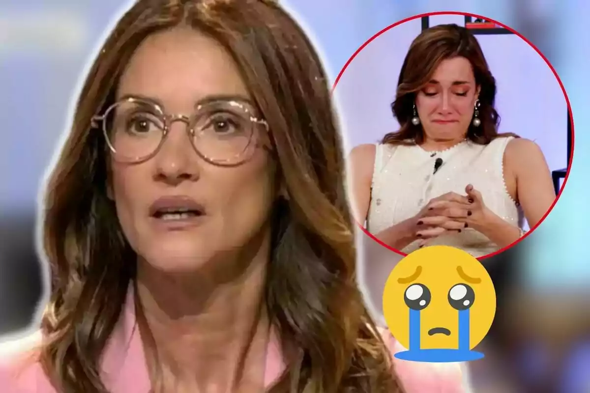 Elena Rodríguez con gafas hablando en un programa de televisión con una imagen superpuesta de Adara Molinero llorando y un emoji triste.