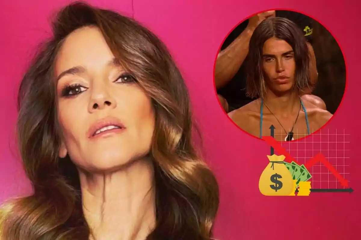 Elena Rodríguez con cabello ondulado y maquillaje natural sobre un fondo rosa, con un recuadro en la esquina superior derecha que muestra a Sofía Suescun con cabello largo y un gráfico de dinero.