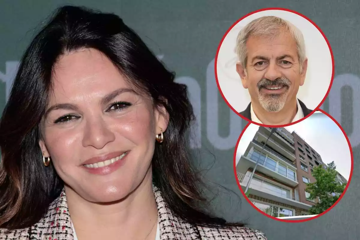 Montaje con un primera plano de Fabiola Martínez y Carlos Sobera sonriendo y imagen del edificio donde vive