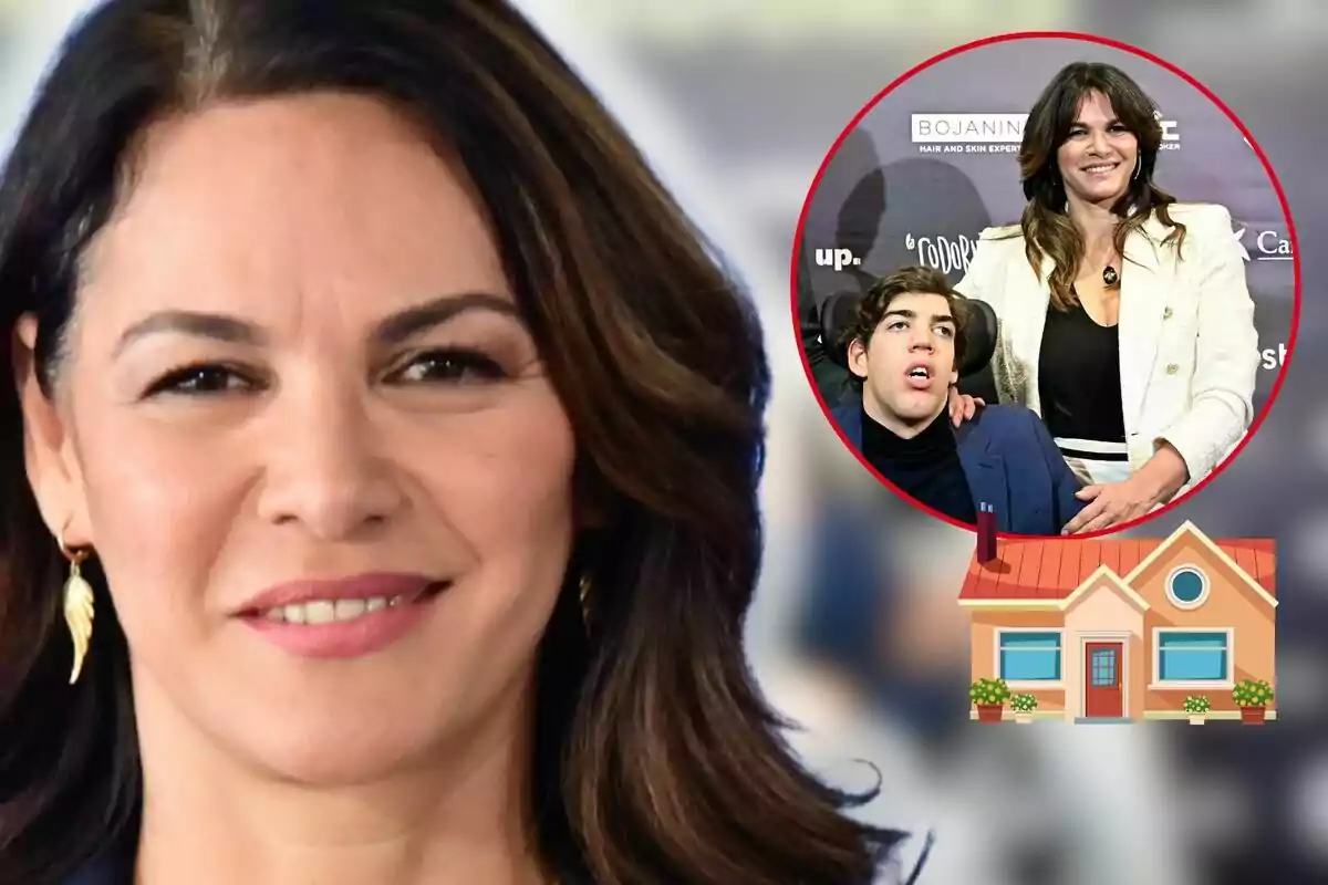 Fabiola Martínez sonriente en primer plano con un recuadro que muestra a ella y Kike Osborne en un evento, junto a un ícono de casa.