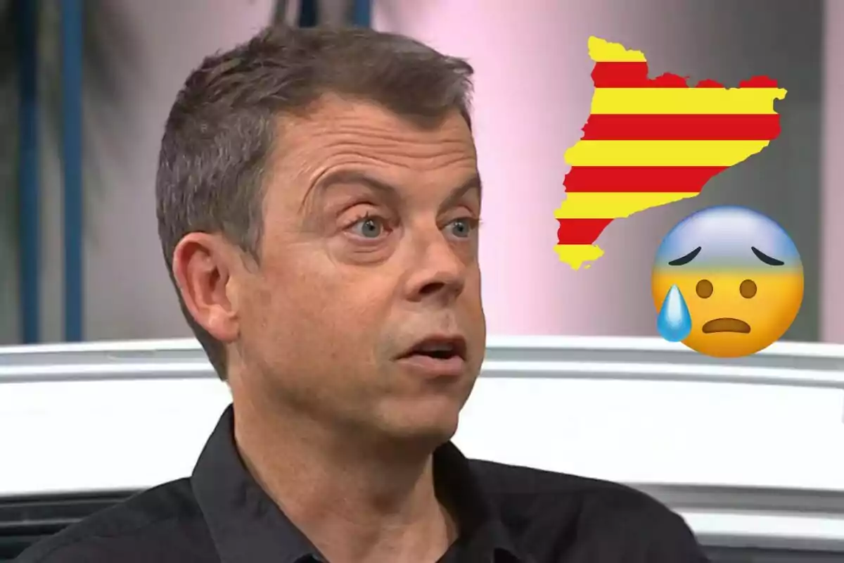 Francesc Mauri con expresión preocupada, junto a un mapa de Cataluña con la bandera catalana y un emoji de cara triste con una lágrima.