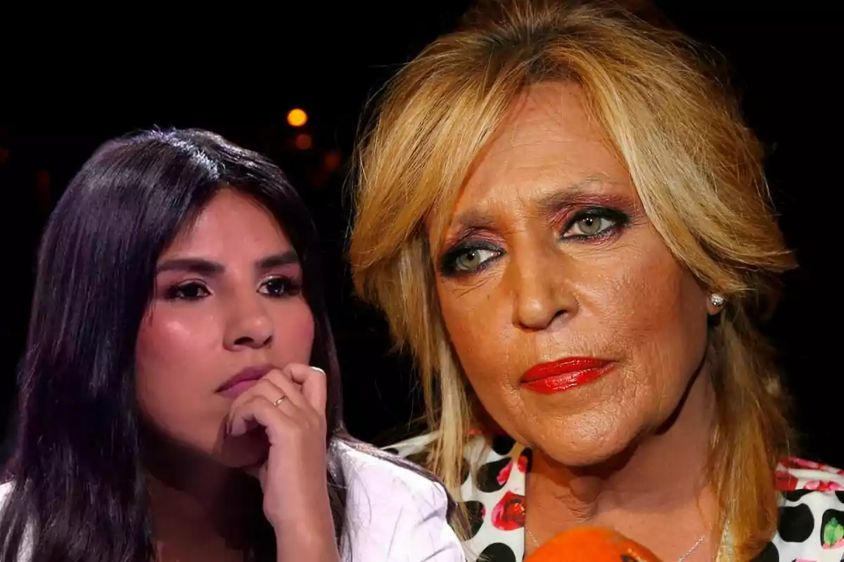 Isa Pantoja y Lydia Lozano en primer plano, una con cabello oscuro y expresión pensativa, la otra con cabello rubio y maquillaje llamativo.