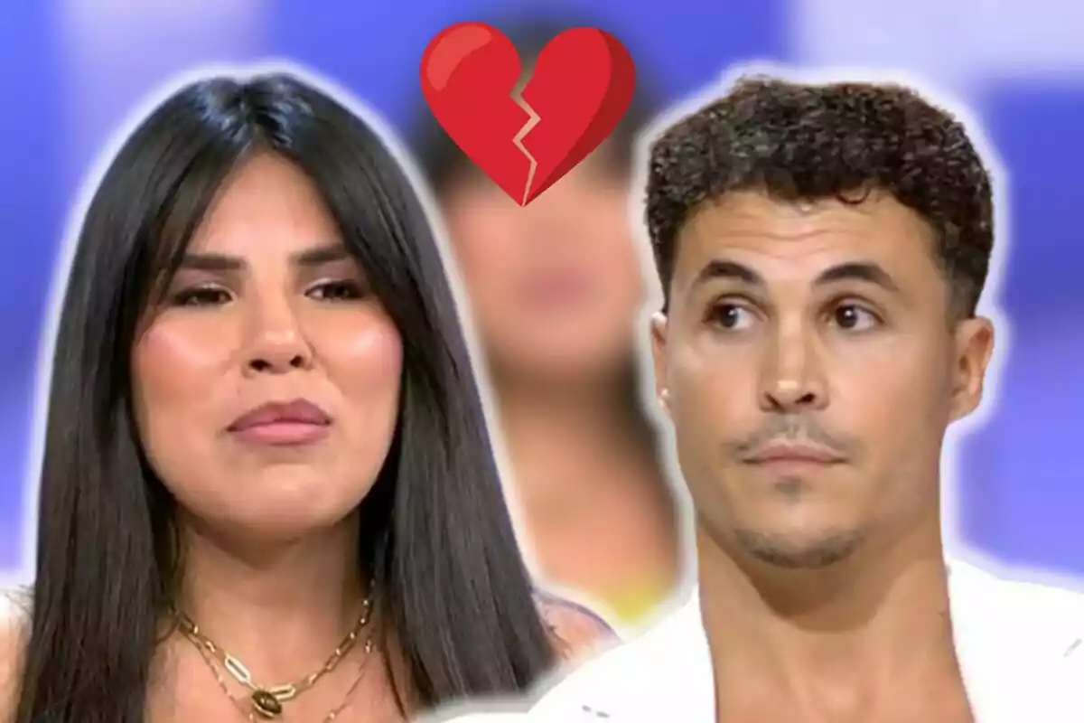 Isa Pantoja y Kiko Jiménez miran en direcciones opuestas con un emoji de corazón roto entre ellas.