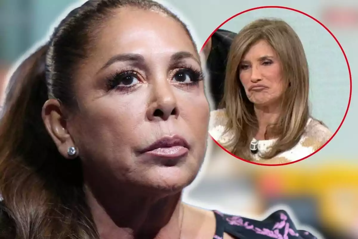 Isabel Pantoja con expresión seria en primer plano y Gema López en un recuadro con expresión de disgusto.