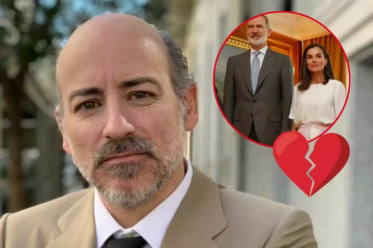 Jaime del Burgo con traje claro y corbata negra aparece en primer plano, mientras que en la esquina superior derecha hay una imagen circular de Felipe VI y Letizia vestida formalmente con un corazón roto superpuesto.