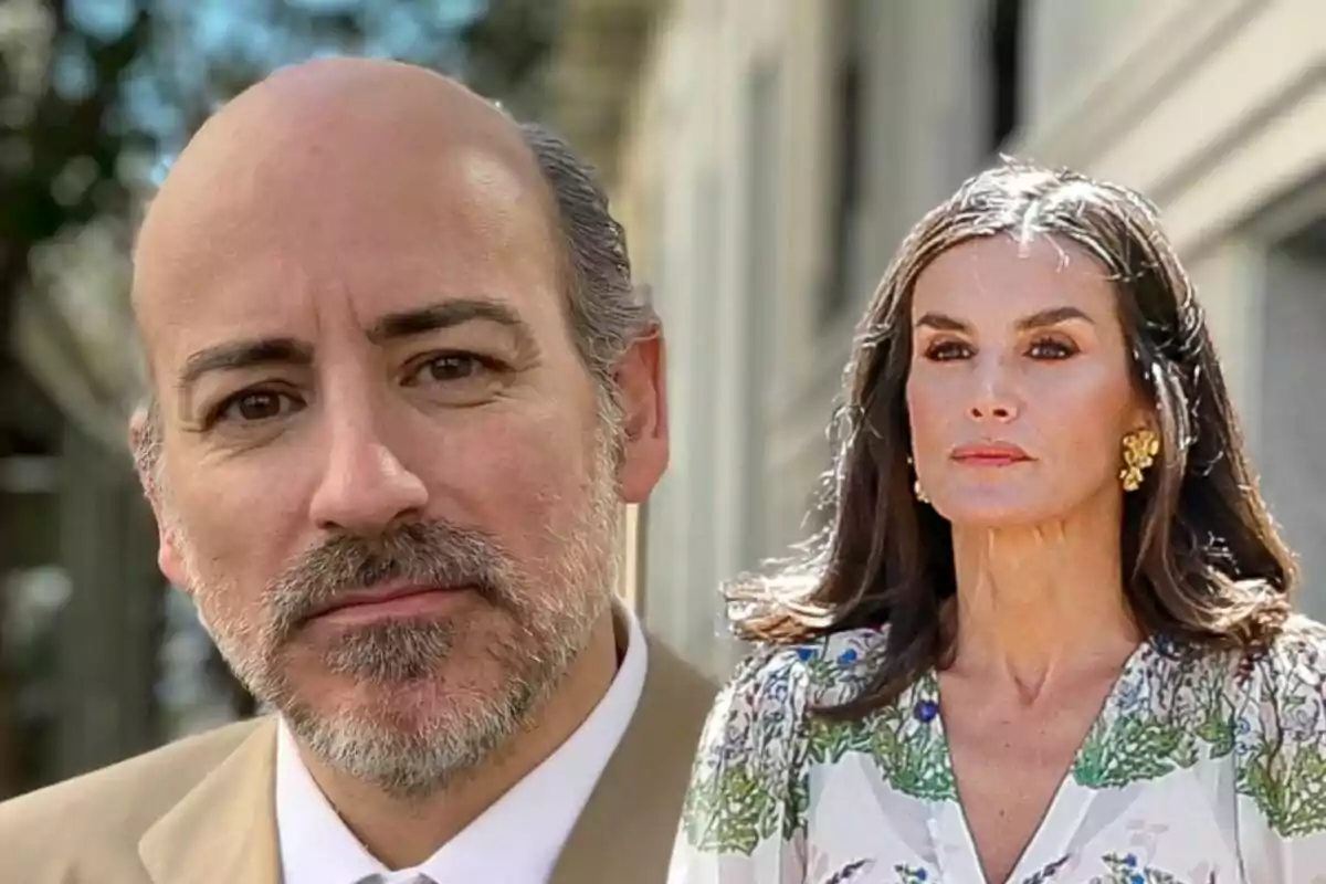 Jaime del Burgo con barba y Letizia con cabello largo y aretes dorados posan al aire libre.