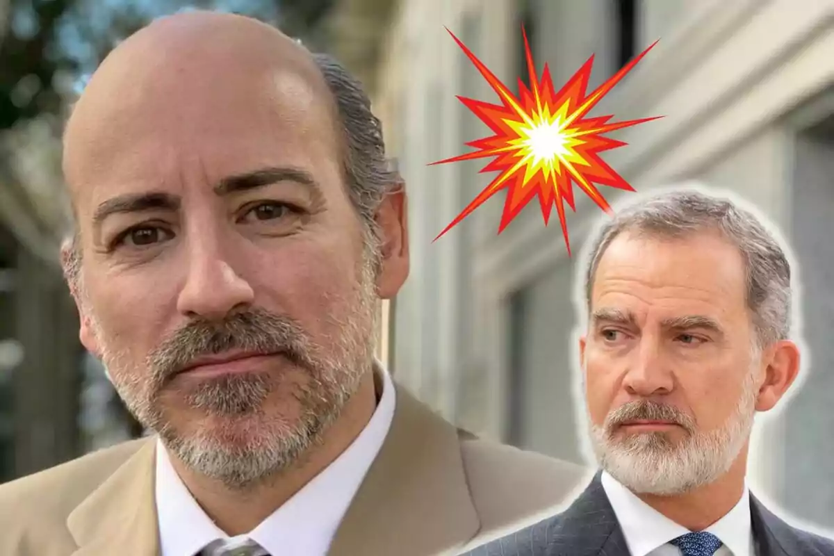 Jaime del Burgo y Felipe VI con barba y cabello canoso en un montaje fotográfico con un efecto de explosión entre ellos.