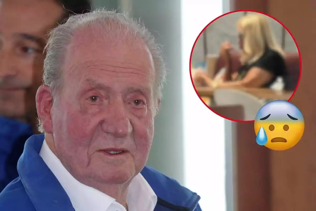 Juan Carlos I con cabello canoso y expresión seria en primer plano con un círculo rojo en la esquina superior derecha que muestra a una mujer rubia sentada y un emoji de cara preocupada con una gota de sudor.