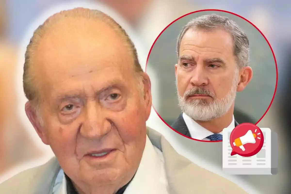 Juan Carlos I y Felipe VI con expresión seria, uno en primer plano y otro en un círculo rojo en la esquina superior derecha, con un icono de megáfono y periódico en la parte inferior.