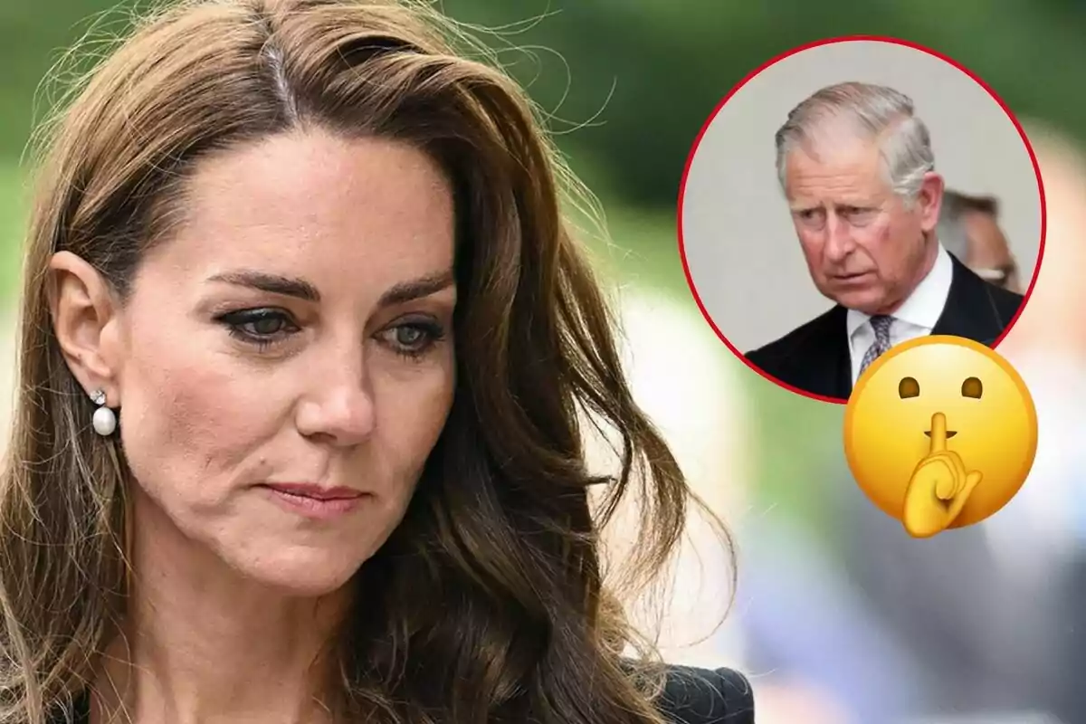 Kate Middleton con expresión seria y Carlos III en un círculo rojo con un emoji de silencio superpuesto.