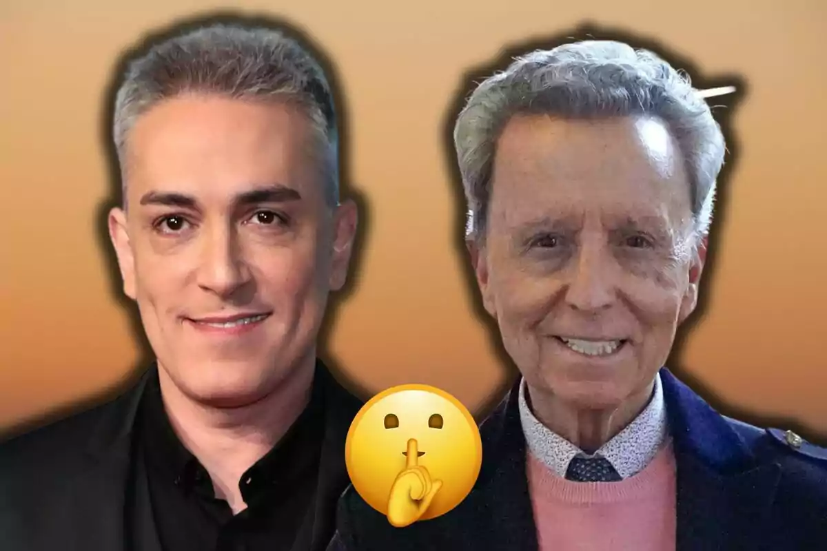 Kiko Hernández y José Ortega Cano sonrientes con un emoji de silencio en el centro sobre un fondo degradado.