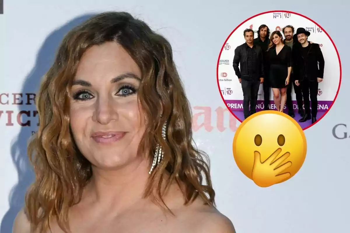 Leire Martínez con cabello rizado y aretes brillantes posa frente a un fondo con texto borroso, en la esquina superior derecha hay un círculo con una imagen de La Oreja de Van Gogh y un emoji de sorpresa.