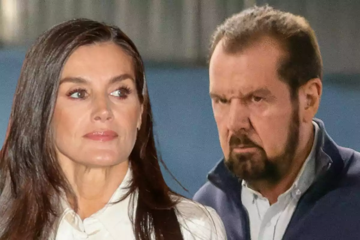 Letizia con cabello largo y oscuro mira hacia la izquierda mientras Jesús Ortiz con barba y expresión seria está detrás de ella.