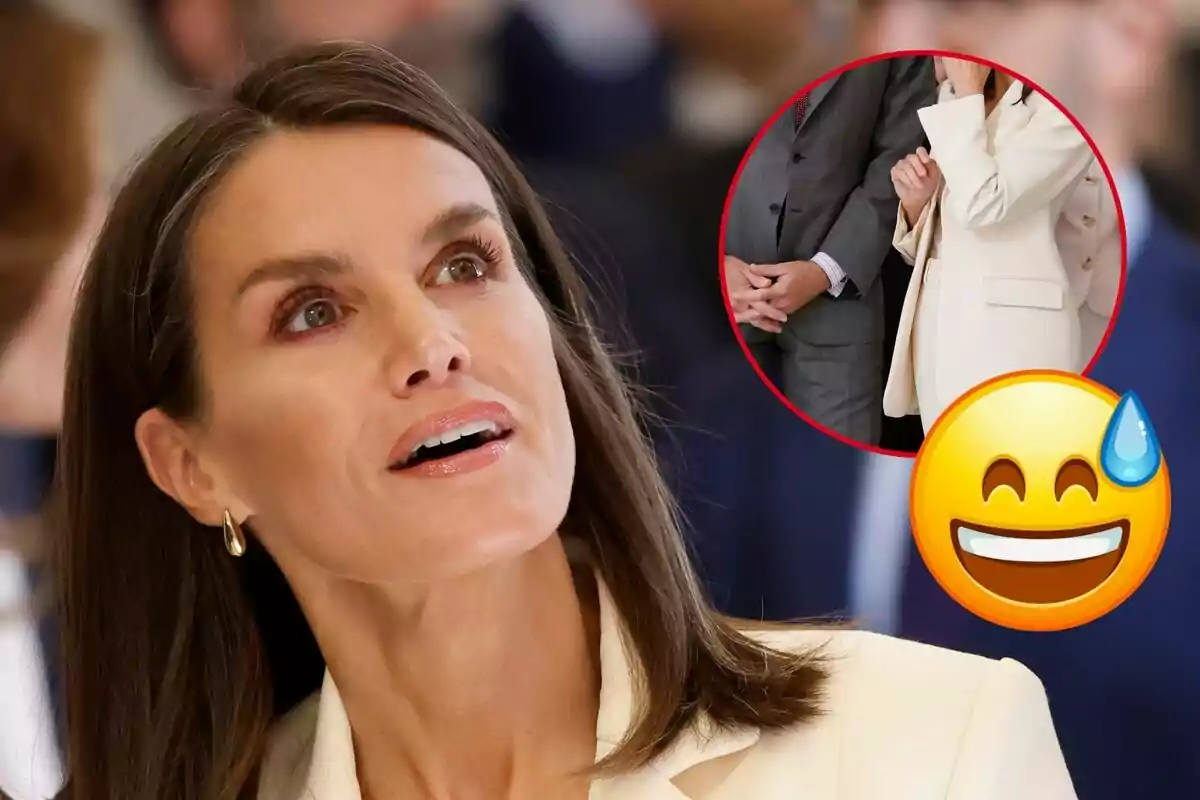 Montaje de un primer plano de Letizia mirando hacia arriba, el traje gris de Felipe VI y el blanco de ella y un emoji de risa