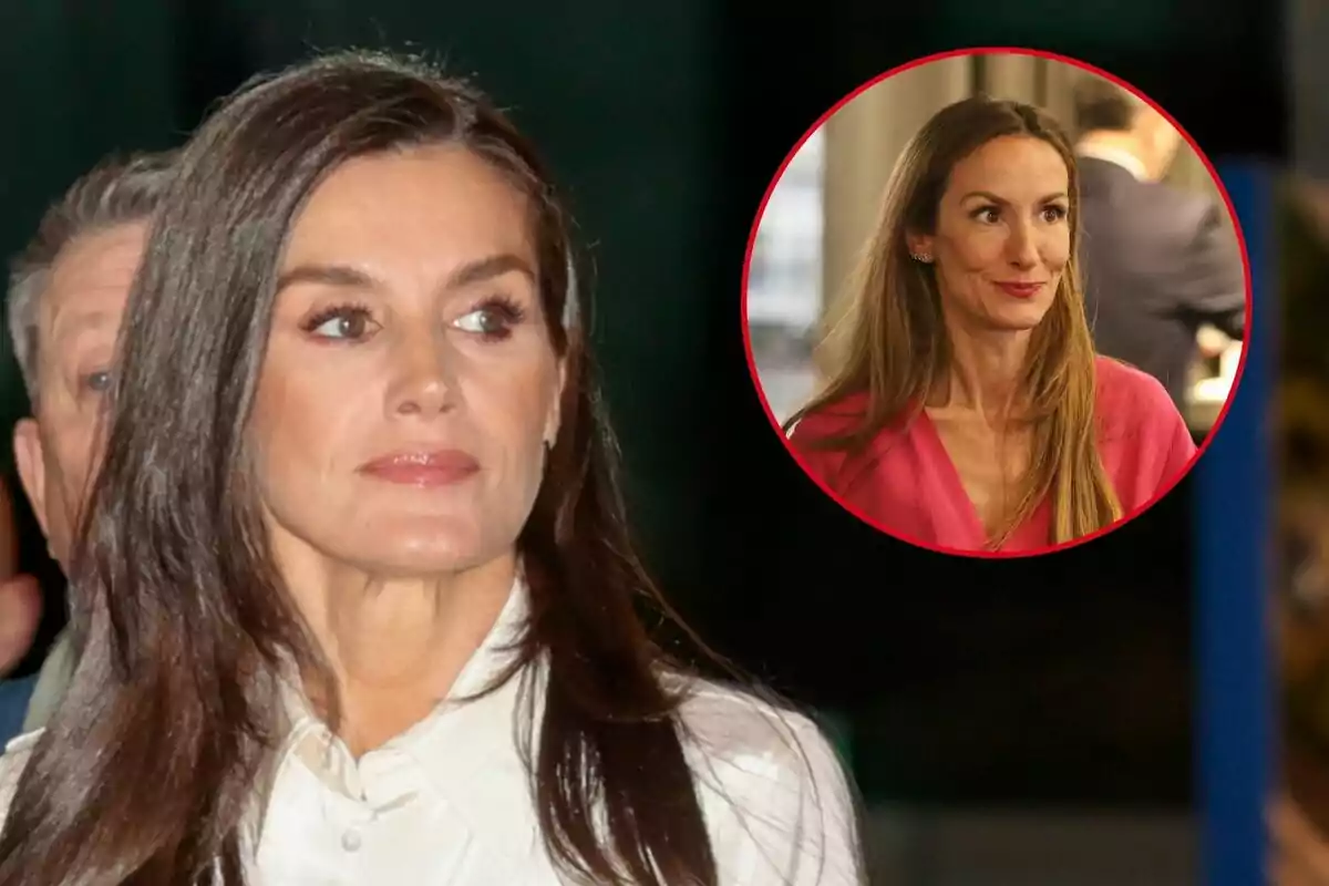 Letizia viste una camisa blanca, mientras que en un recuadro circular se muestra a Telma Ortiz usando una blusa rosa.