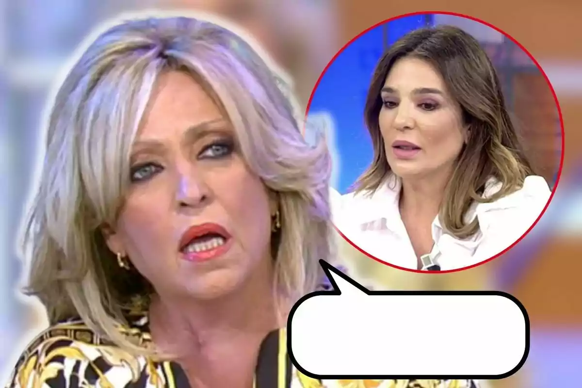 Lydia Lozano y Raquel Bollo en un programa de televisión con una burbuja de diálogo vacía.