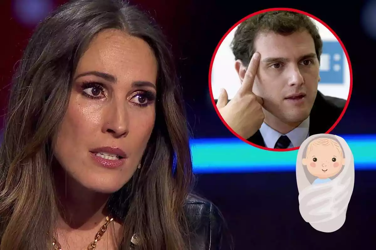 Montaje en primer plano de Malú seria, Albert Rivera con el dedo a un lado de la cabeza y un bebé