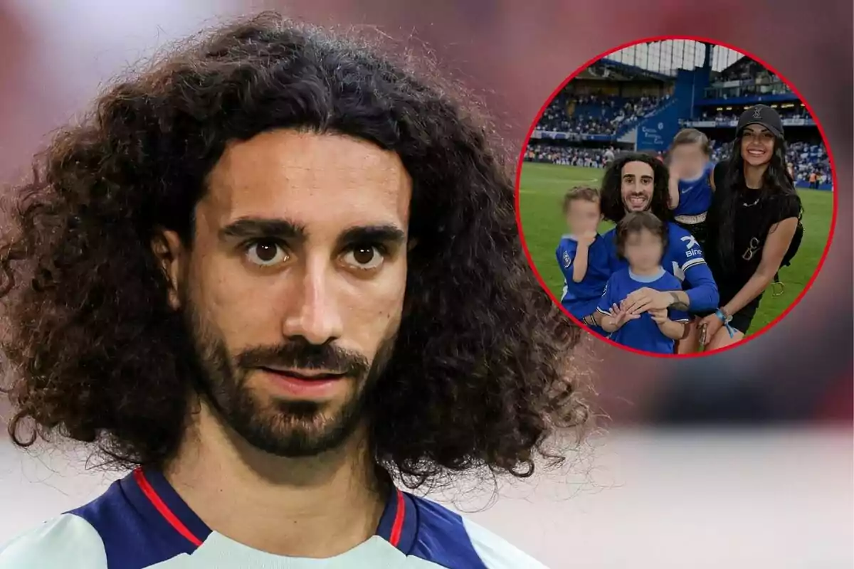 Marc Cucurella con cabello rizado y barba, con una imagen insertada en un círculo rojo que muestra a su familia en un estadio de fútbol.