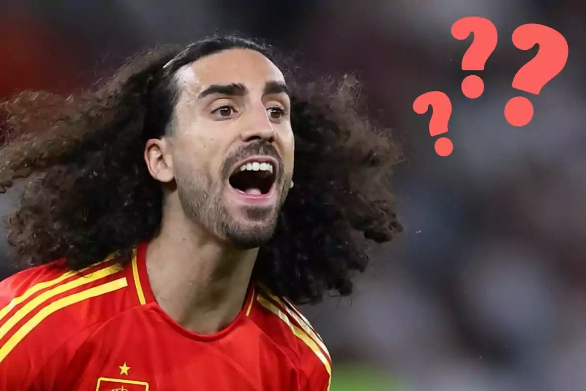 Marc Cucurella con la camiseta de la selección española gritando con signos de interrogación rojos al fondo.