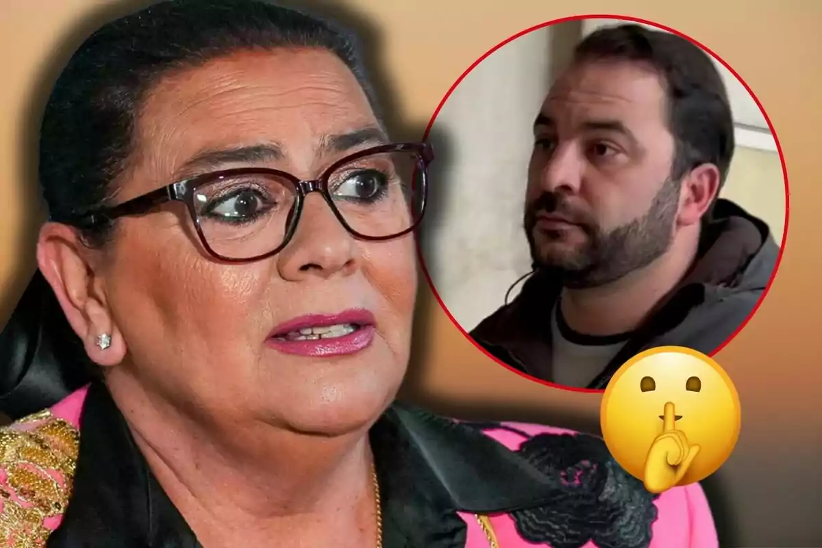 María del Monte con gafas y expresión seria aparece en primer plano, mientras que en un círculo rojo al fondo se ve a Antonio Tejado; hay un emoji de silencio en la esquina inferior derecha.