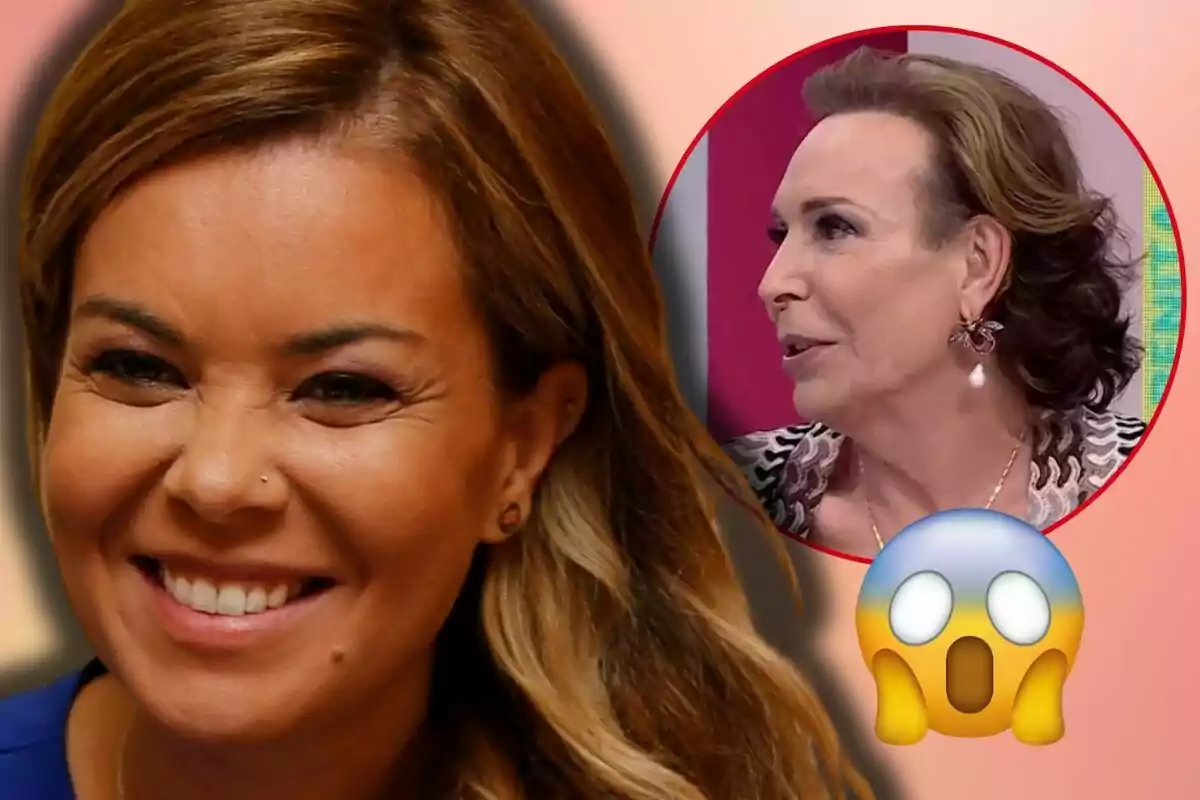 María José Campanario sonriente en primer plano con el maestro Joao en un círculo rojo en el fondo y un emoji sorprendido.