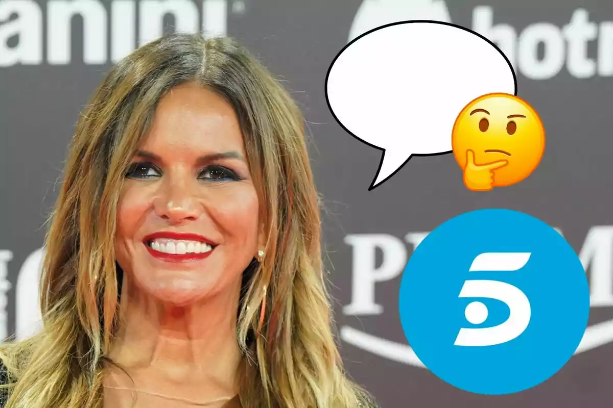 Marta López sonriente, con un fondo que incluye un logotipo de Telecinco, un emoji pensativo y un globo de diálogo vacío.