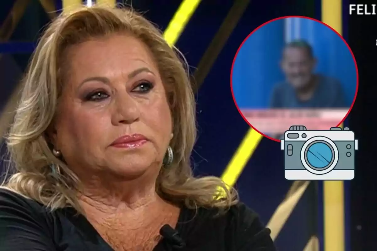 Mayte Zaldívar con expresión seria en un programa de televisión, con una imagen borrosa de Julián Muñoz en un círculo rojo en el fondo y un icono de cámara en la esquina inferior derecha.