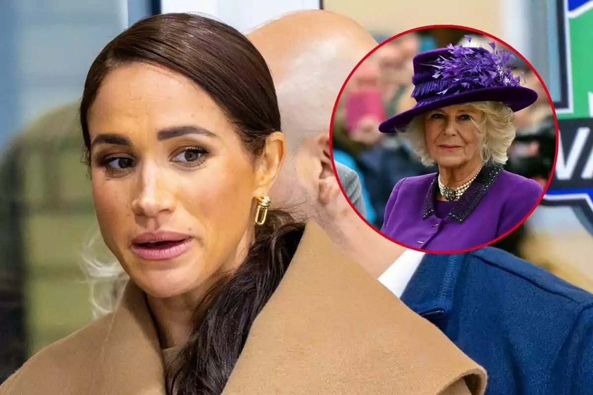 Meghan Markle con abrigo beige en primer plano, con una imagen circular de Camila Parker con sombrero morado en la esquina superior derecha.