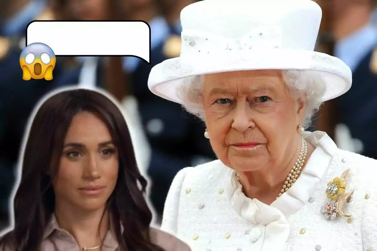 Meghan Markle con expresión seria y un emoji sorprendido junto a Isabel II vestida de blanco.