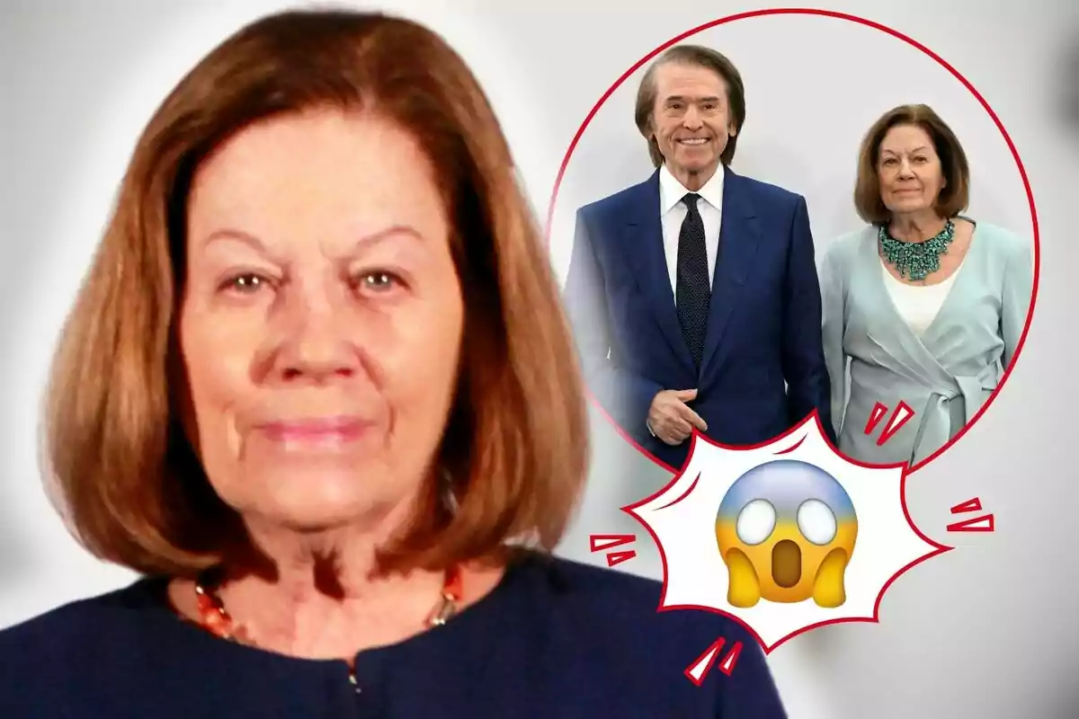 Natalia Figueroa en primer plano con una imagen circular en la esquina que muestra a Raphael y ella sonriendo, junto a un emoji de sorpresa.