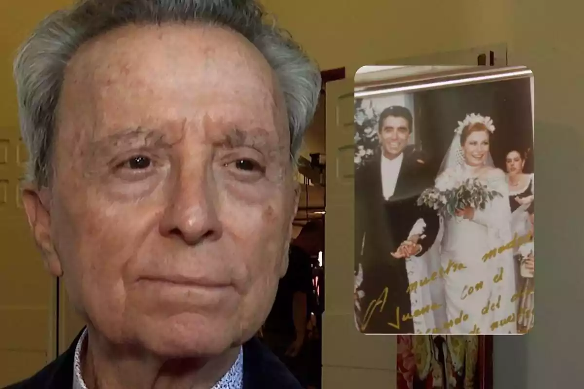 Montaje con un primer plano de José Ortega Cano con una foto de su boda con Rocío Jurado