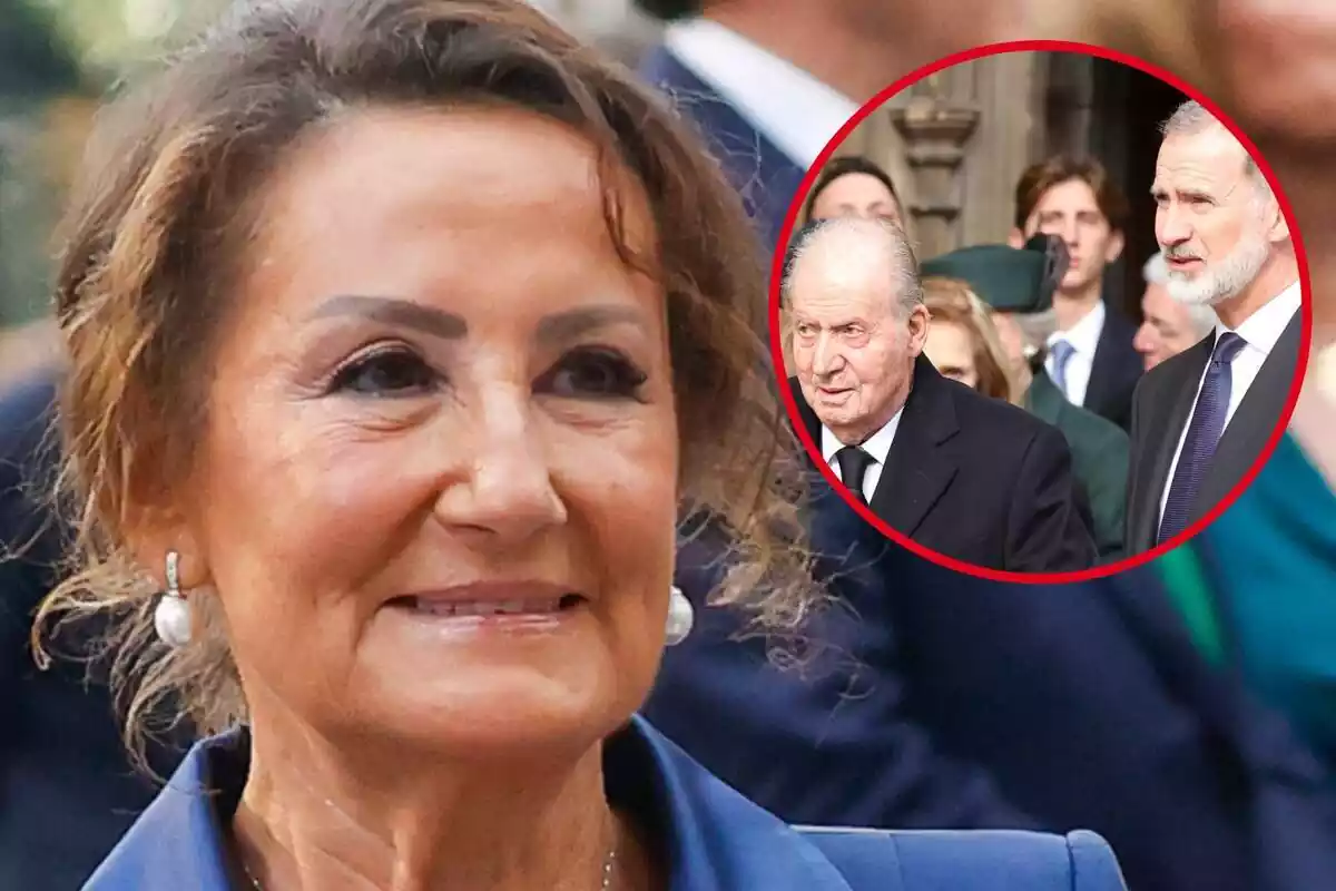 Montaje de un primer plano de Paloma Rocasolano sonriendo con el pelo recogido y Juan Carlos I junto a Felipe VI serios mirando a un lado