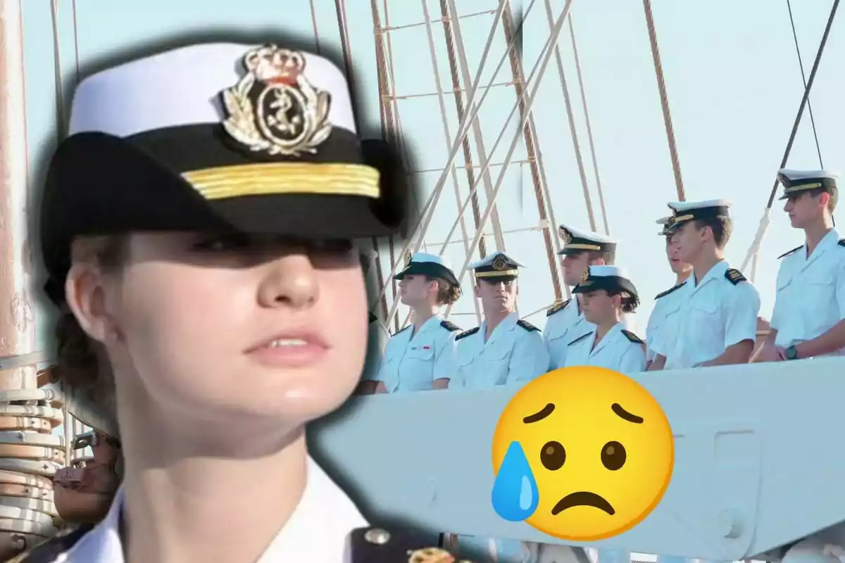 Un grupo de personas vestidas con uniformes navales está de pie en la cubierta de un barco, con la princesa Leonor en primer plano y un emoji de cara triste con una lágrima en la imagen.