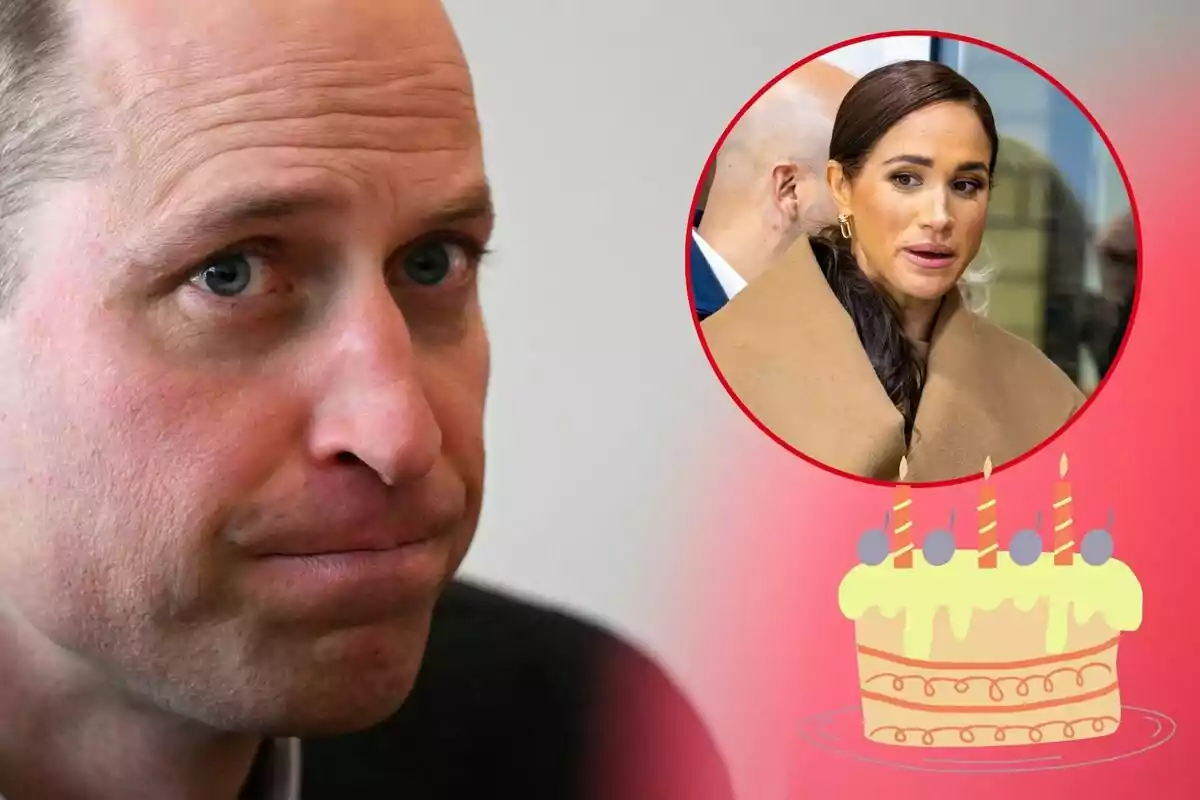 El príncipe Guillermo con expresión seria y Meghan Markle en un círculo rojo con un pastel de cumpleaños en la esquina.