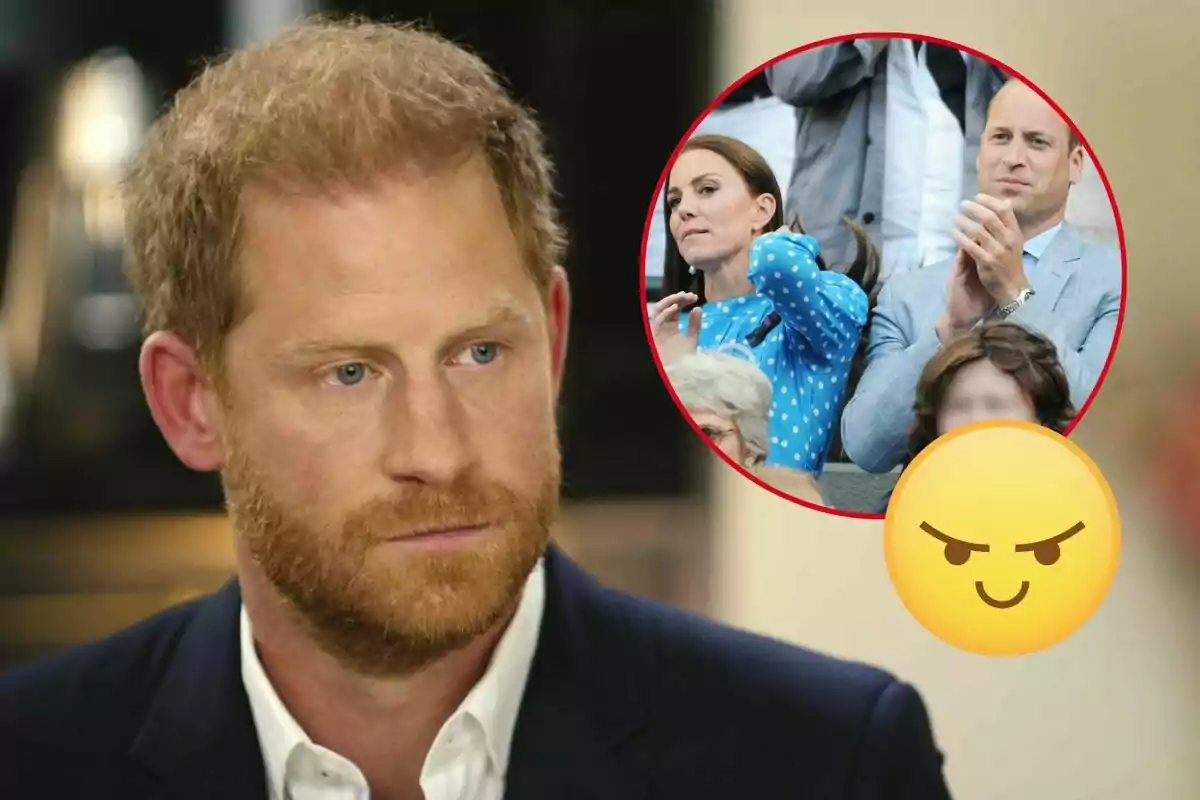 El príncipe Harry con expresión seria y un círculo que muestra a Kate Middleton y el príncipe Guillermo aplaudiendo con un emoji de cara astuta superpuesto.