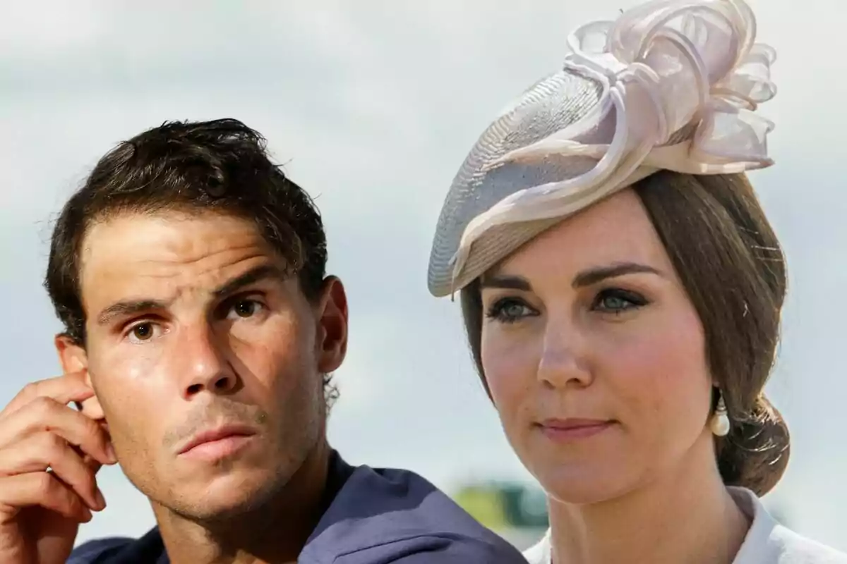 Rafa Nadal y Kate Middleton posando, Kate con un sombrero elegante.