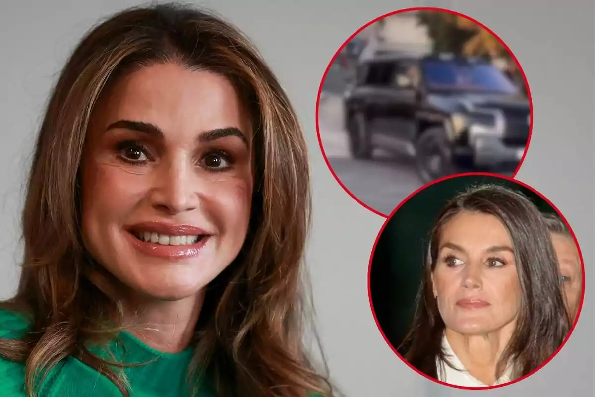 Rania de Jordania sonriente y dos imágenes circulares en la esquina superior derecha, una de un automóvil y otra de Letizia.