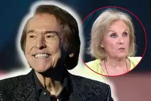 Raphael sonriente con chaqueta oscura y Paloma Barrientos en un recuadro circular rojo.