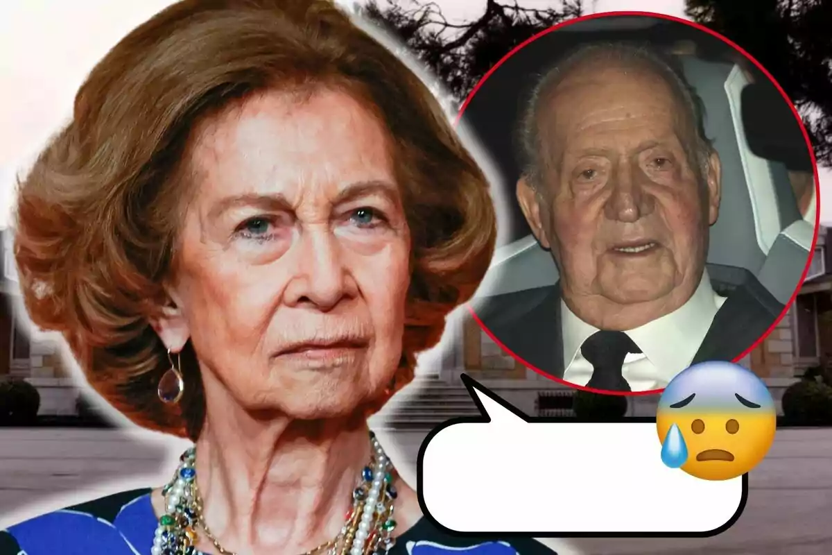 La reina Sofía con expresión seria aparece en primer plano mientras Juan Carlos I está en un círculo rojo en el fondo con un emoji de preocupación y una burbuja de diálogo vacía.