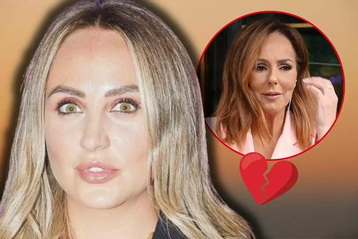 Rocío Flores con expresión seria aparece en primer plano, mientras que en un círculo rojo a su lado se muestra a Rocío Carrasco y un corazón roto debajo.