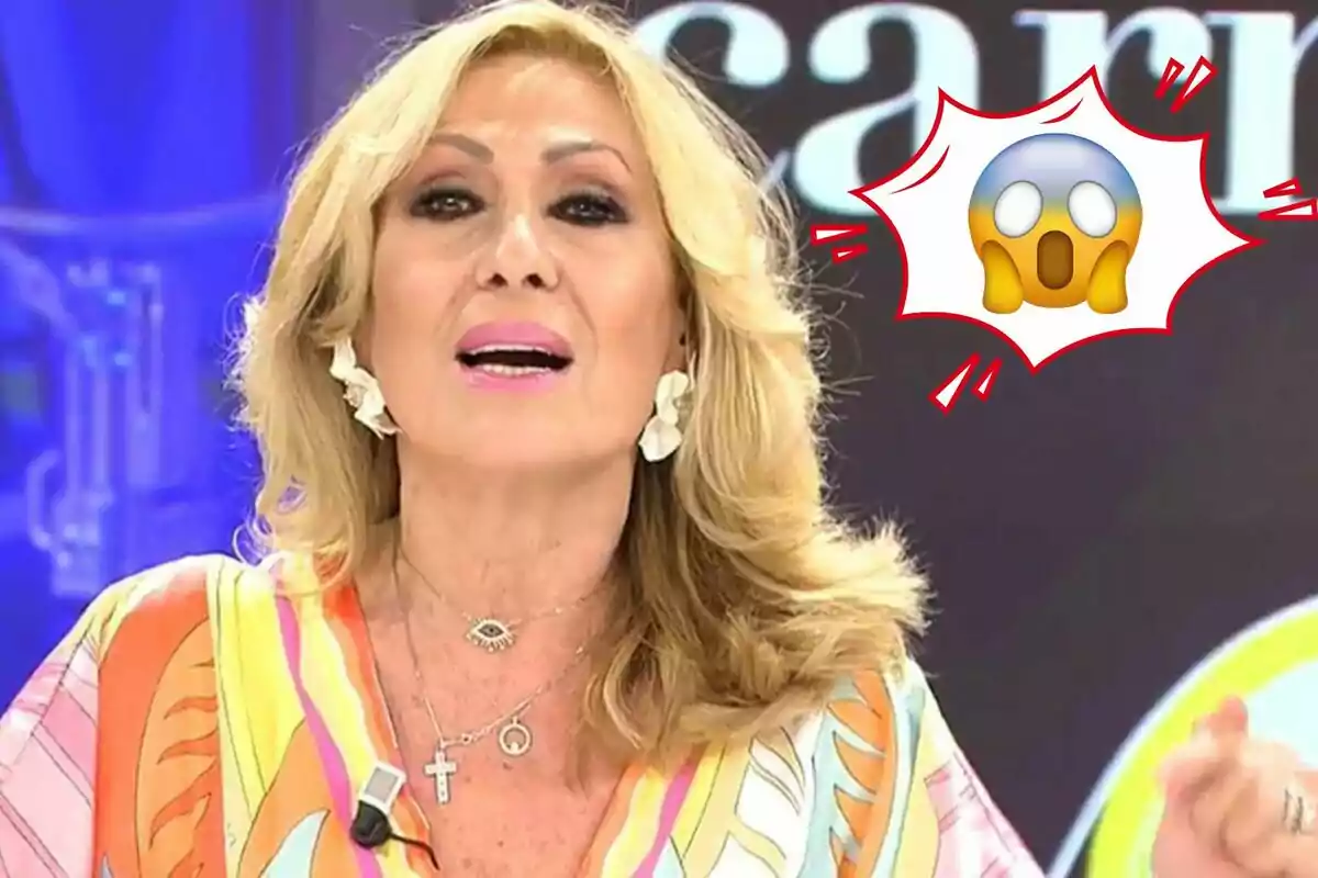 Rosa Benito hablando en un programa de televisión con un emoji de sorpresa al lado.