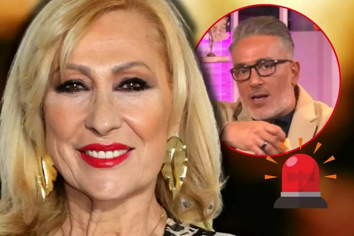 Rosa Benito sonriente en primer plano con Kiko Hernández en un recuadro circular al fondo, acompañado de un icono de alarma roja.