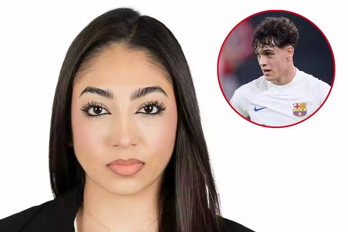 Rosy Salinas con cabello oscuro y lacio mira al frente, mientras que en la esquina superior derecha hay un círculo con la imagen de Héctor Fort con camiseta blanca.