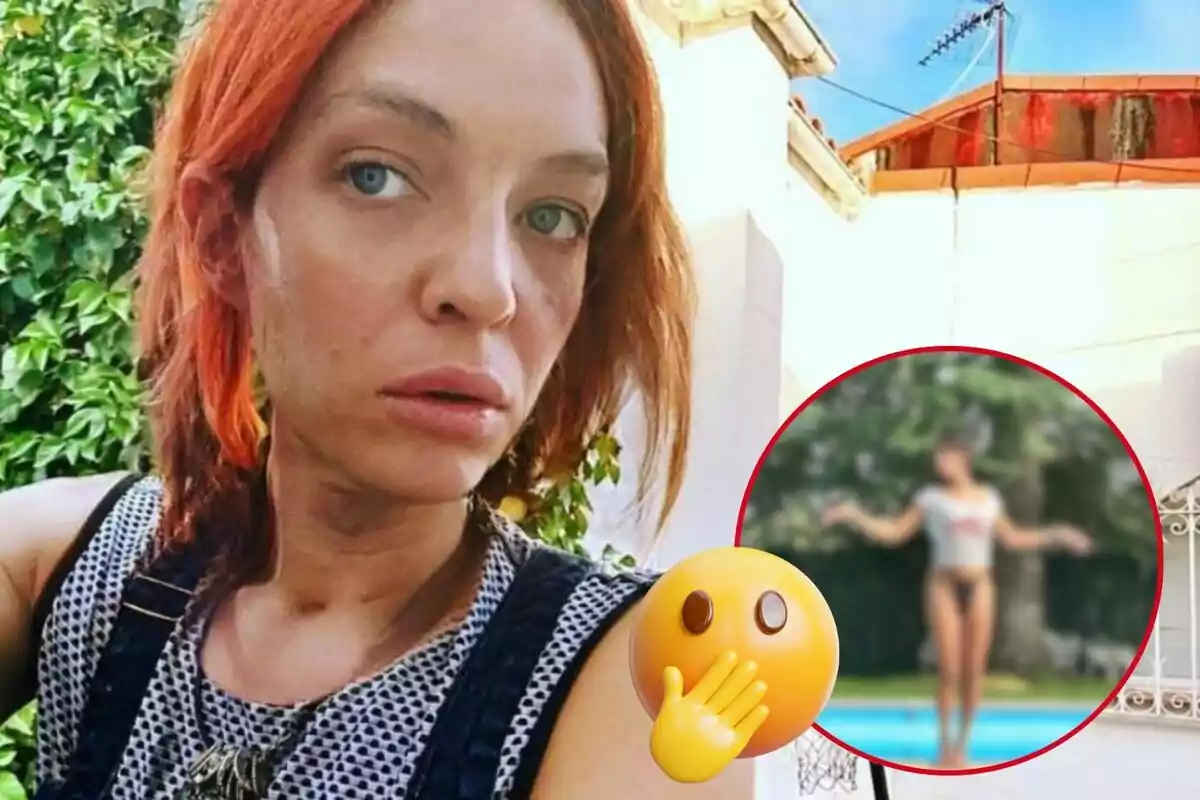 Sheila Devil con cabello rojo y ojos azules está en primer plano, mientras que en un círculo en la esquina inferior derecha se ve una imagen borrosa de una persona en traje de baño cerca de una piscina, acompañada de un emoji de cara sorprendida con una mano tapando la boca.